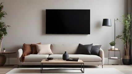 Modern living room with sofaA crisp and clear shot of a sleek flat screen TV mounted on a living room wall