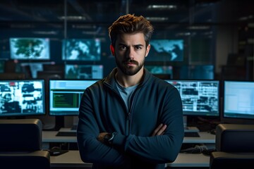 Fototapeta premium A serious young man in a security operations center with screens showing surveillance data