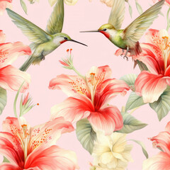 Naklejka premium Watercolor Painting of a Hummingbird and Flowers