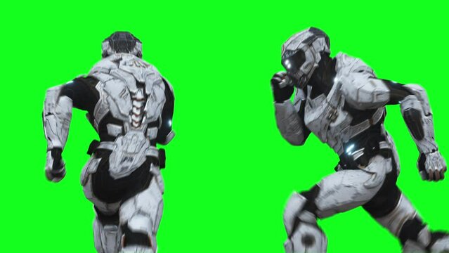 Military futuristic cyborg, robot. Realistic 4k green screen animation.