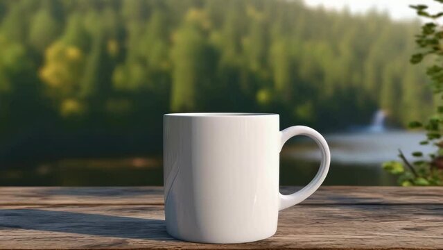 White coffee cup sitting on top of wooden table. Perfect for coffee shop menus or home decor