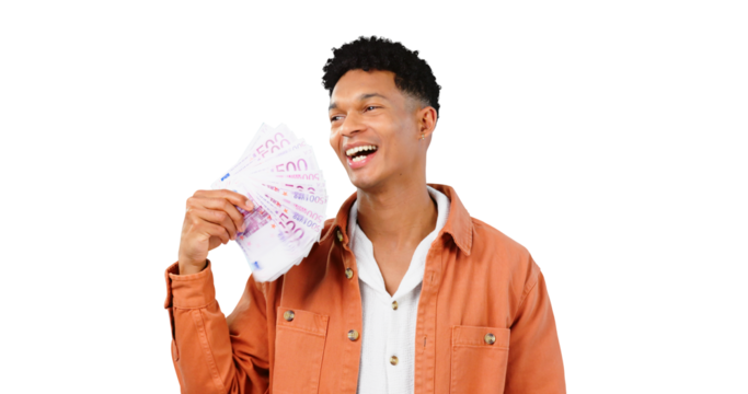 Happy man, winner or money fan with bonus, success or smile for college loan prize or cashback. Excited student thinking of cash, savings or scholarship funding isolated on transparent png background - Powered by Adobe