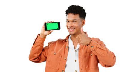 Green screen phone, thumb up or portrait of happy man for promotion, approval or thank you. Transparent png background, social media or isolated person with hand sign for agreement or mobile space