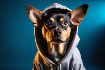 Delightful dog adorned in a hoodie against a vivid background