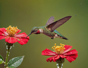Fototapeta premium hummingbird hovering next to red flower