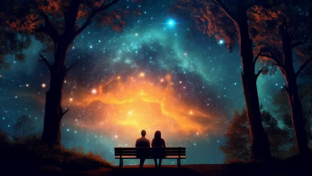Two people sitting on bench, looking up at stars. Perfect for peaceful moment of stargazing