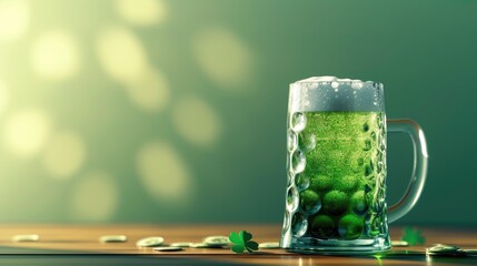 The image features a transparent glass mug filled with a green-colored beer, sitting on a wooden table surface. Light refracts through the mug, highlighting the bubbles and the effervescence of the li - obrazy, fototapety, plakaty