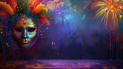 The image depicts a richly decorated carnival mask adorned with feathers of various colors such as red, green, and orange, set against a dazzling display of fireworks that light up the night sky. The 