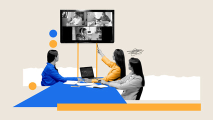 Group of young people, women leading online video conference with giant TV screen, communication...