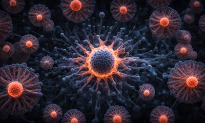 Obraz premium Disease X new pathogen cells image of Virus, pathogen, bacteria, biotechnology, bacterium, biolaboratory, new X disease, brain illness concept. Microscopic SEM (TEM)view. Medical research technology.