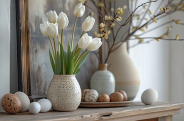 a table has white tulips and eggs on it