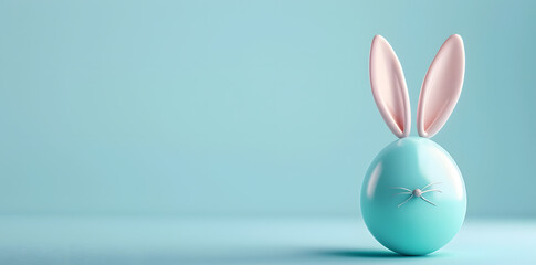 Blue easter egg with bunny's ears  isolated on blue background with copy space