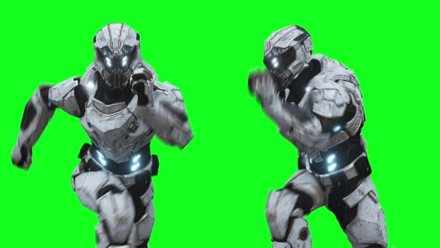 Military futuristic cyborg, robot. Realistic 4k green screen animation.