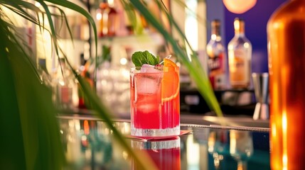 a close up drink on a table with a bottle lcohol background and a plant foreground.