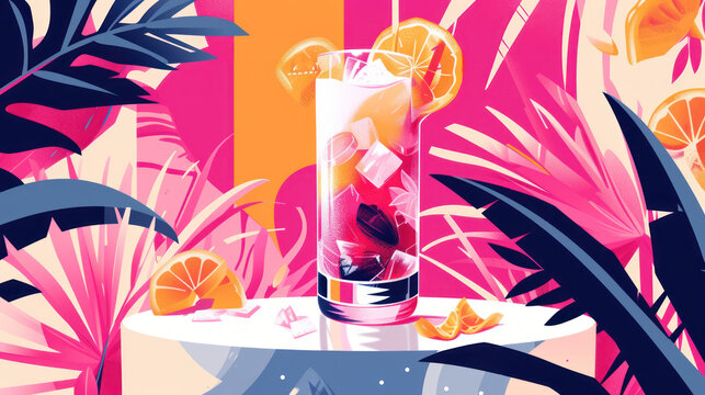 a drink in a tall glass sitting on top of a table surrounded by tropical plants and oranges on a pink and yellow background.
