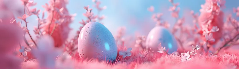 Foto op Plexiglas Mystical Dawn: Enigmatic Eggs Amidst Blossoming Fantasy Flora in a Surreal Landscape © Moon