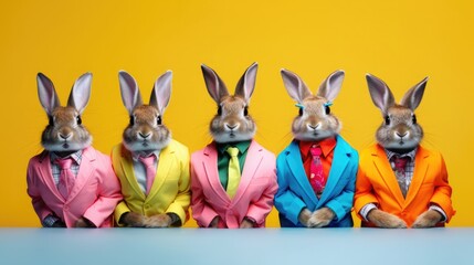 Obraz na płótnie Canvas Creative animal concept. Rabbit Bunny in a group, vibrant bright fashionable outfits isolated on solid background advertisement, copy text space