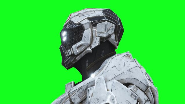 Military futuristic cyborg, robot. Realistic 4k green screen animation.