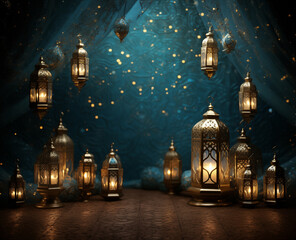 Obraz premium abstract background with glowing lanterns in oriental style on a dark blue background, ramadan