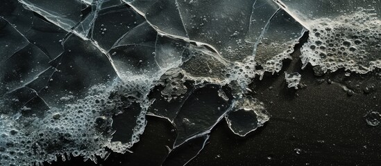 A closeup shot of a shattered glass on a black surface, reflecting light like a mini universe. The monochrome photography captures the intricate details of the broken pieces