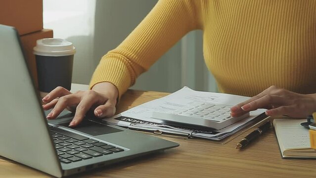 young woman received online shopping parcel opening boxes and buying fashion items by using credit card, Shop online and delivery concept