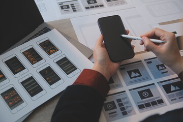 UX UI design process for modish mobile application and website . Creative prototype of wireframe...