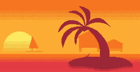 Fototapeta na wymiar Tropical Island at Summer Sunset, Pixel Art Style Illustration