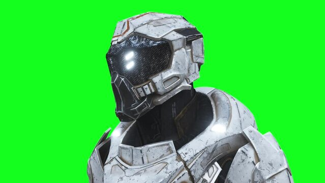 Military futuristic cyborg, robot. Realistic 4k green screen animation.