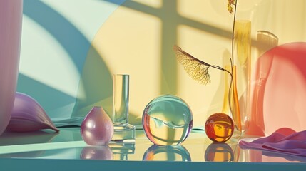 a group of glass vases sitting on top of a table next to a vase with a flower in it.