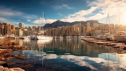 Boats on water with city skyline in the background under a cloudy sky , generated by AI