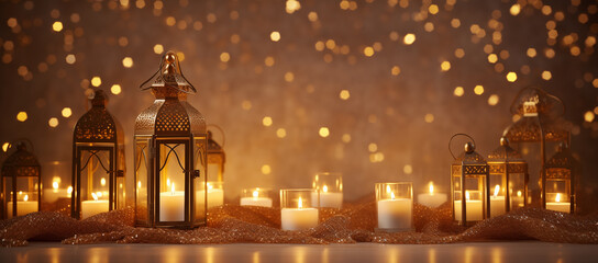 Arabic lantern and burning candles, glowing night with golden bokeh lights. Ramadan Kareem.