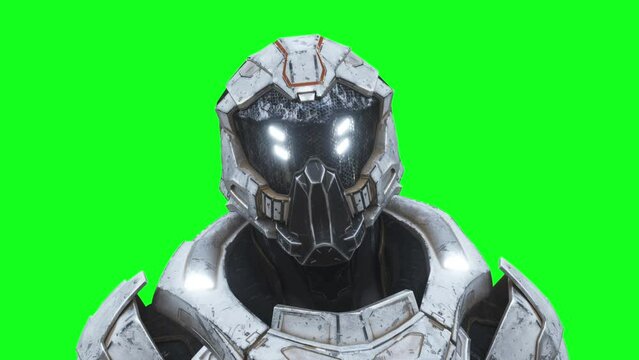 Military futuristic cyborg, robot. Realistic 4k green screen animation.