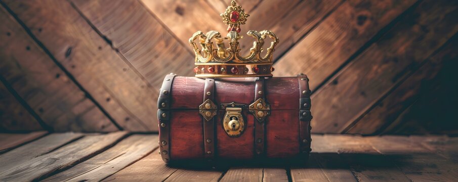Vintage filtered photo of a royal crown and treasure chest exuding medieval charm. Concept Vintage Crown, Treasure Chest, Medieval Charm, Royal Elegance