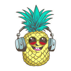 Cheerful pineapple with headphones. Cartoon style. Vector illustration.
