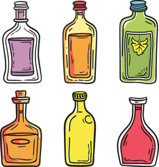 Handdrawn assorted bottles bright colors. Various alcohol bottle types caps labels. Beverage collection, home bar essentials vector illustration
