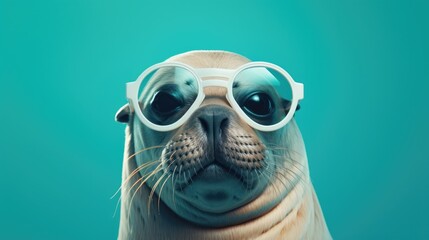 Creative animal concept. Seal sealion in sunglass shade glasses isolated on solid pastel background, commercial, editorial advertisement, surreal surrealism