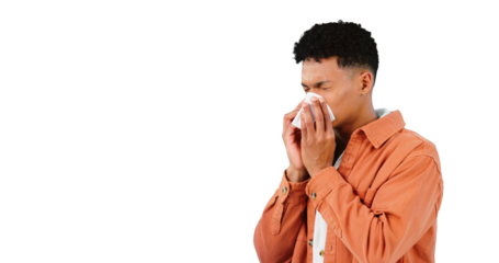 Man, sneezing for allergies and sick with tissue for runny nose isolated on png transparent background. Cold, flu or covid with bacteria virus, influenza and illness with toilet paper for sinus