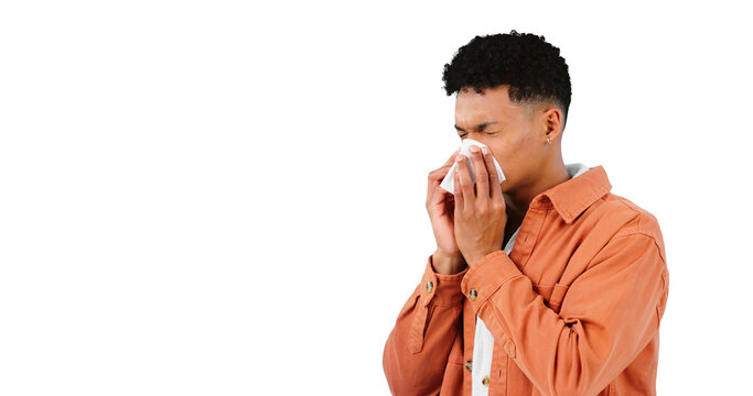 Man, sneezing for allergies and sick with tissue for runny nose isolated on png transparent background. Cold, flu or covid with bacteria virus, influenza and illness with toilet paper for sinus