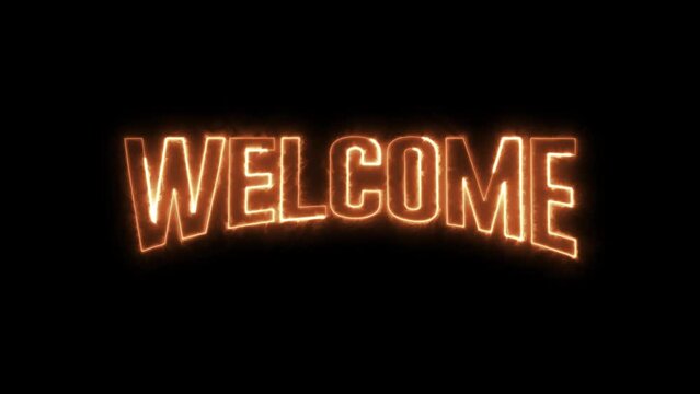 Welcome animation text appears on a realistic burning fire flame. Transparent 4K Alpha Channel.  Seamless loop. Perfect for opening videos, introduction, and greetings.