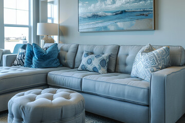 Chic Living Room with Oceanic Artwork.
Stylish room with nautical theme decor.
