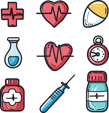 Set healthcare medicine icons heart rate symbol. Colorful medical icons including cross, pill, vial. Health care, medical treatment vector illustration
