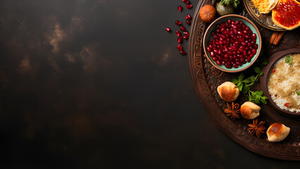 Dried fruits on dark background. Top view. Copy space.