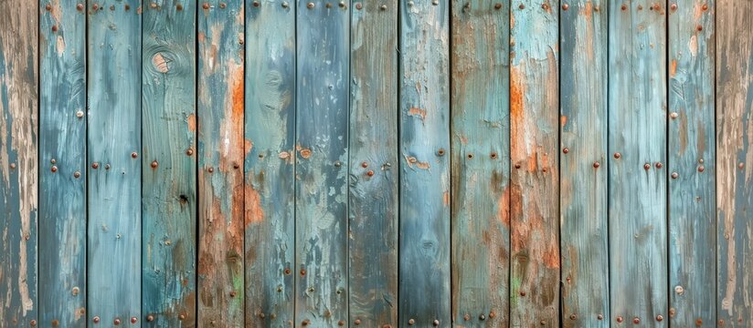 a close up of a blue wooden fence with peeling paint . High quality