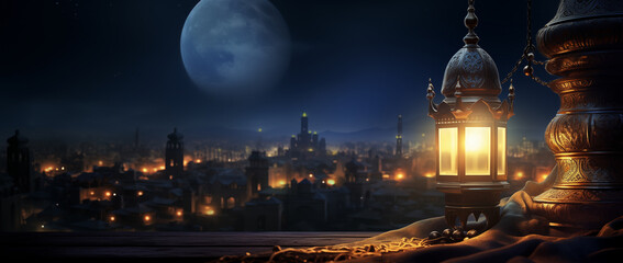 Ramadan lantern on the background of the night city