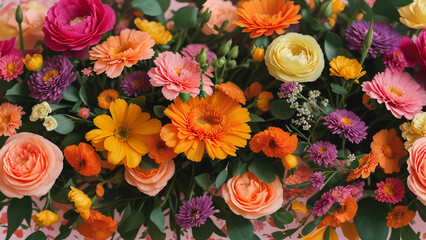 A colorful floral arrangement with orange, pink, and yellow flowers