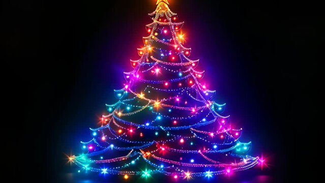 Beautifully decorated Christmas tree with colorful lights shining brightly against black background. Perfect for holiday-themed designs and festive decorations