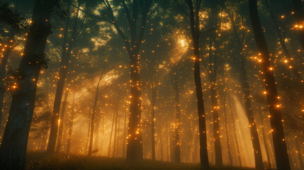 Wisps of ephemeral mist weaving through a forest of glowing trees, their branches reaching towards the heavens.