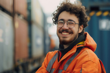 portrait of young port worker in shipping points at ports, international shipping products and logistic
