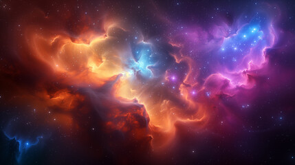 A vibrant cosmic dance amidst swirling nebulas and stars.