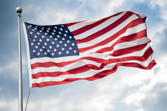 American flag waving proudly against a blue sky, representing patriotism, freedom, and national pride.